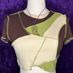 SHEIN Patchwork Crop Top - Brown, Green, and Cream